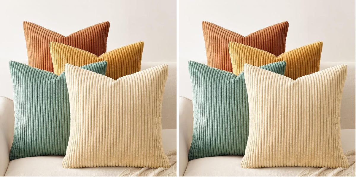 Side-by-side diptych showing the same arrangement of four ribbed pillows on a light sofa from a slight front angle.