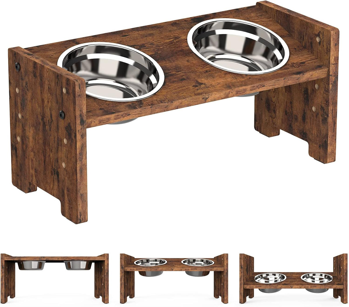 Low-angle close-up of a rustic brown wooden raised feeder showing bowl openings and legs.
