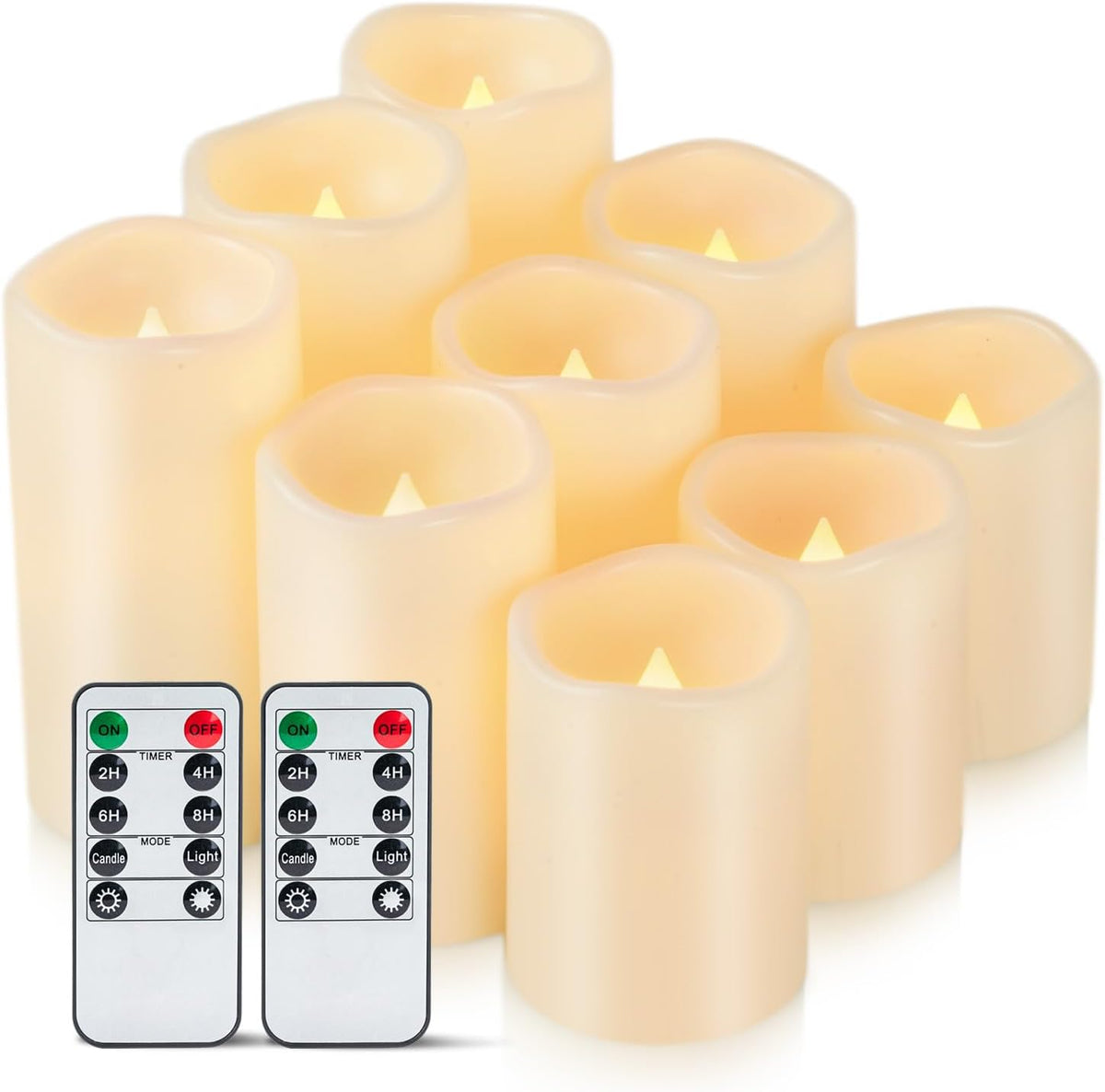 Angled close-up of multiple ivory pillars showing scalloped tops and glowing LED tips, remotes at bottom.