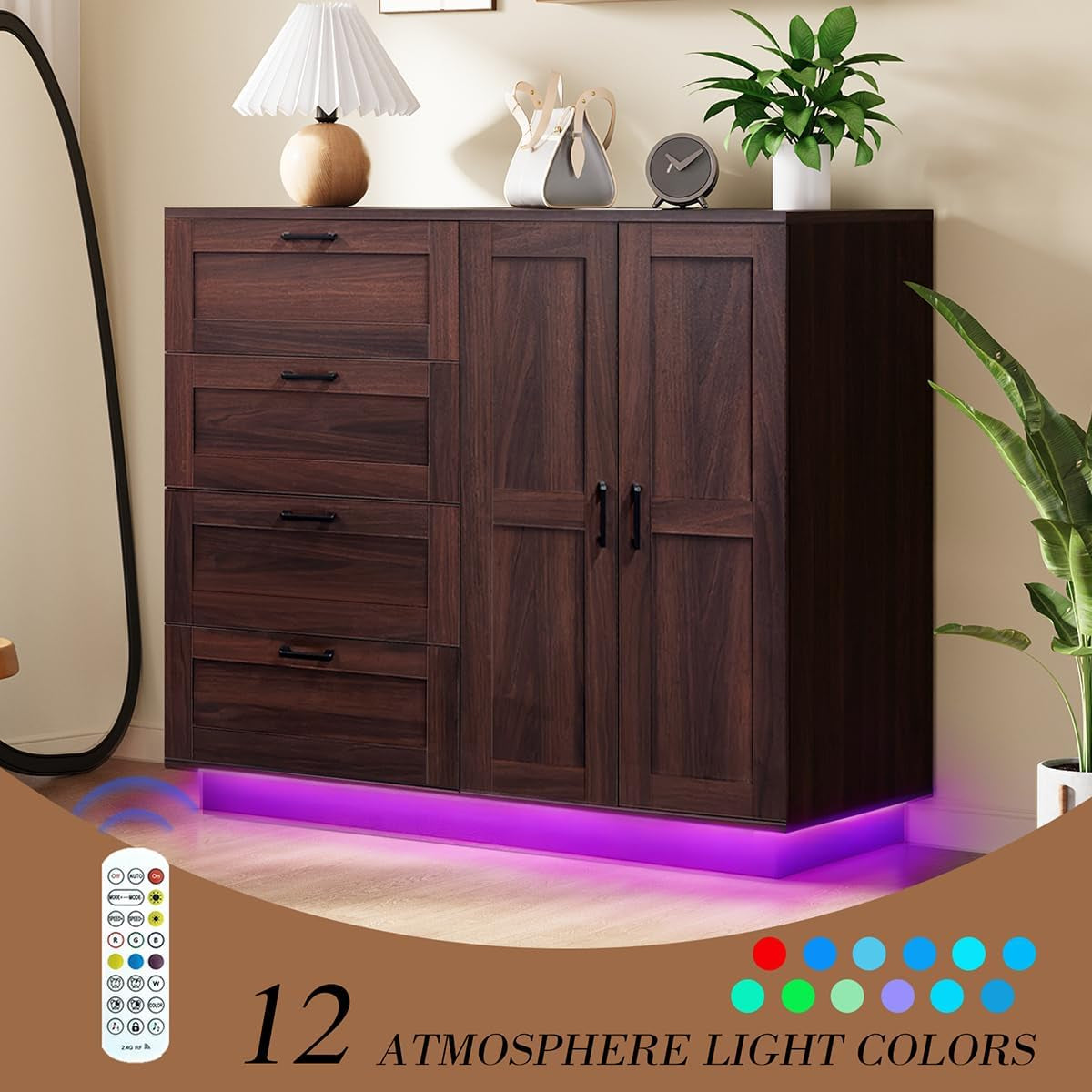 Armoire pictured with purple underglow and a remote control graphic illustrating multiple color options
