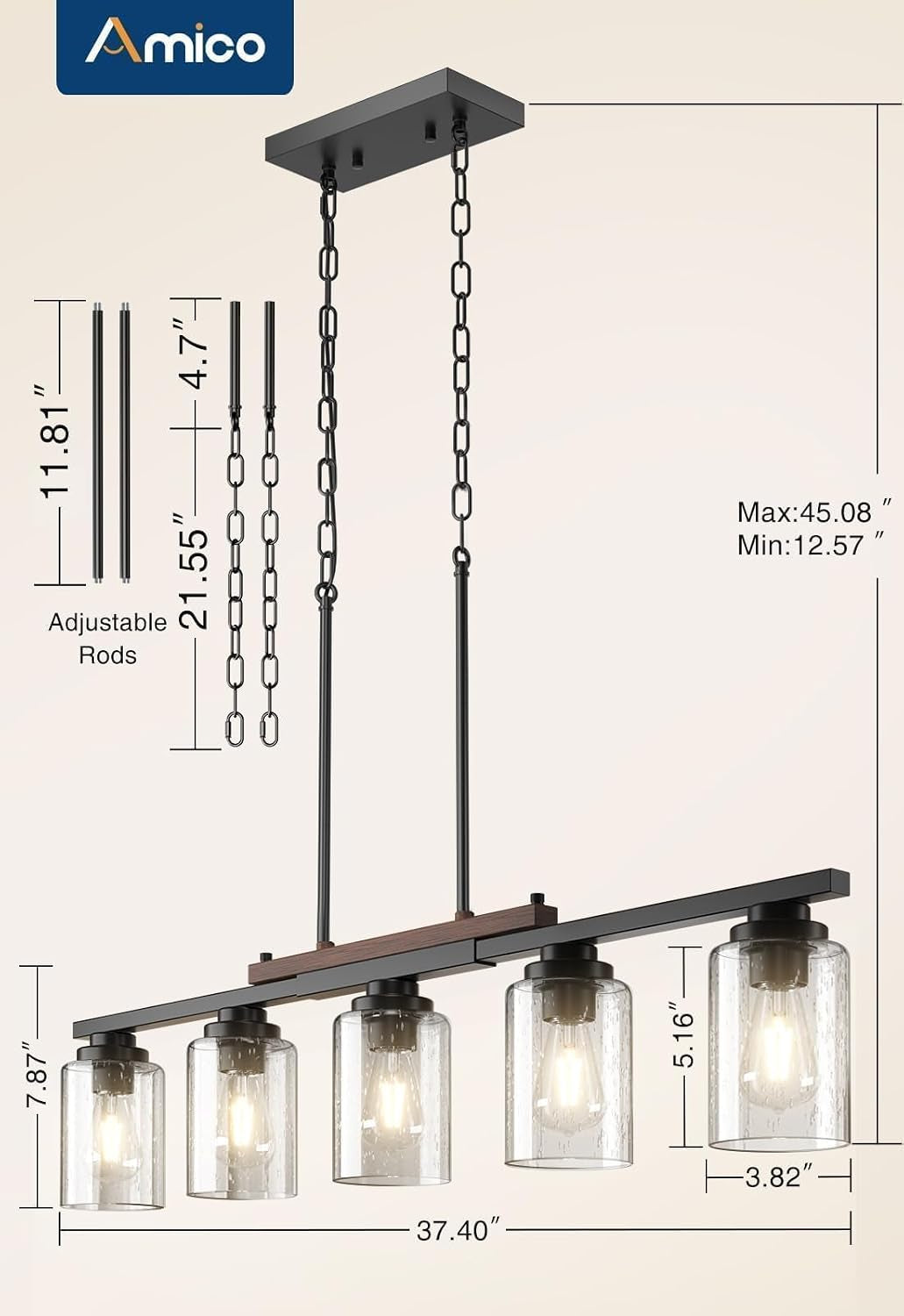 Illustration showing adjustable rods, chains and hanging length dimensions for the island chandelier