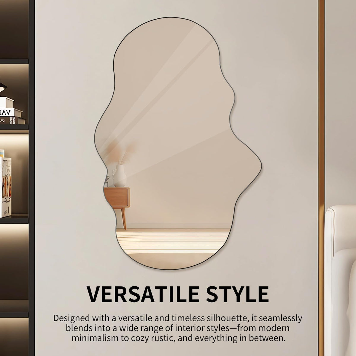 Cloud-shaped mirror with thin black edge centered on a neutral wall showing floor-level reflection