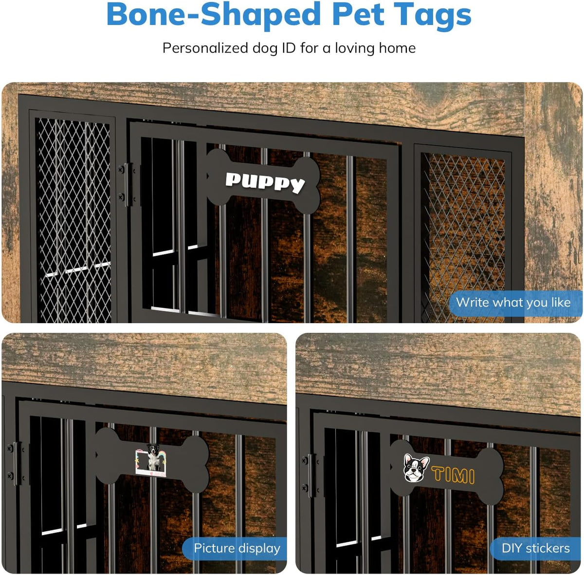 Close-up of the crate door showing a bone-shaped pet tag and mesh/steel bar door details on a walnut finish