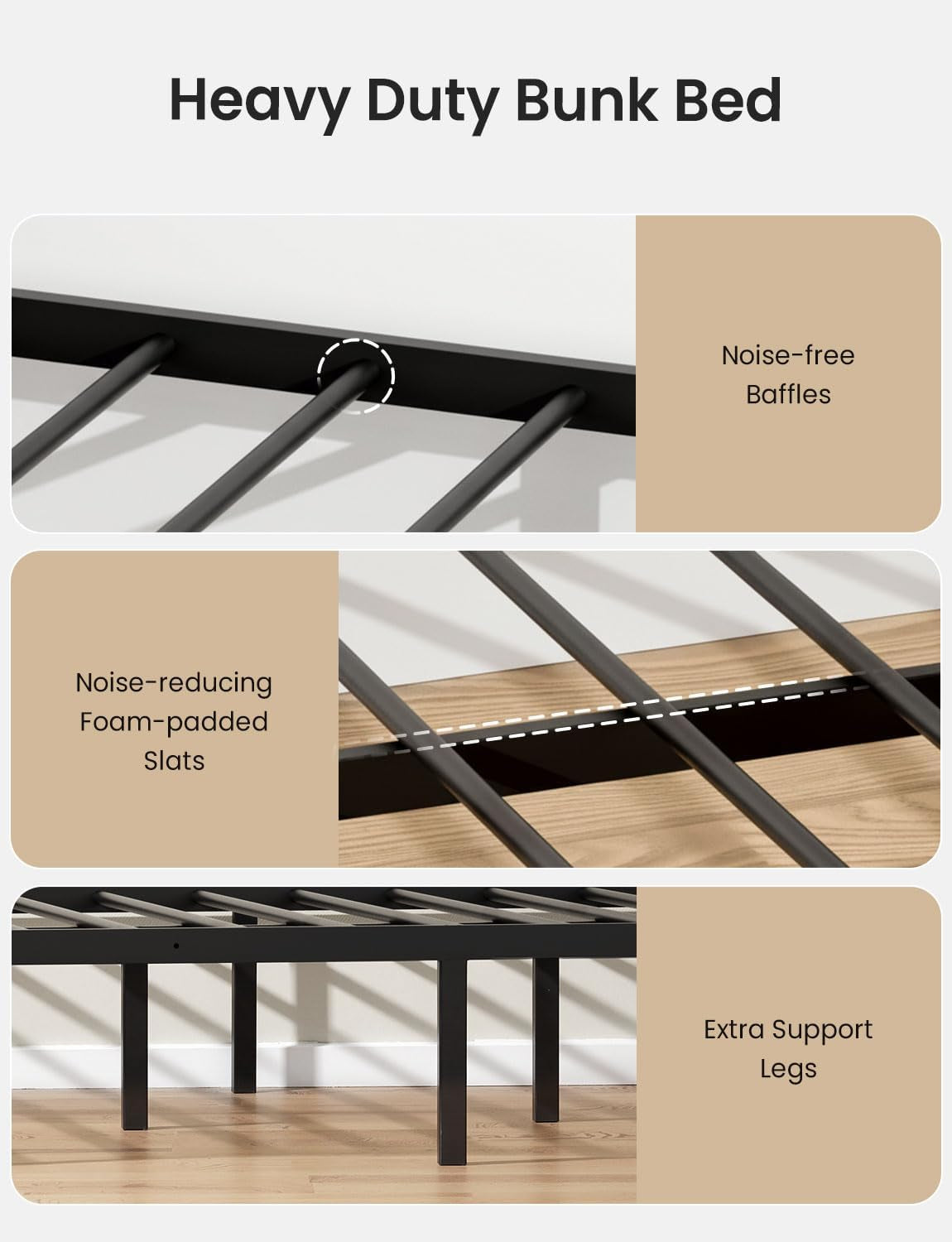 Three close-up panels showing metal slats, foam-padded slat edges, and extra support legs under the bed frame.