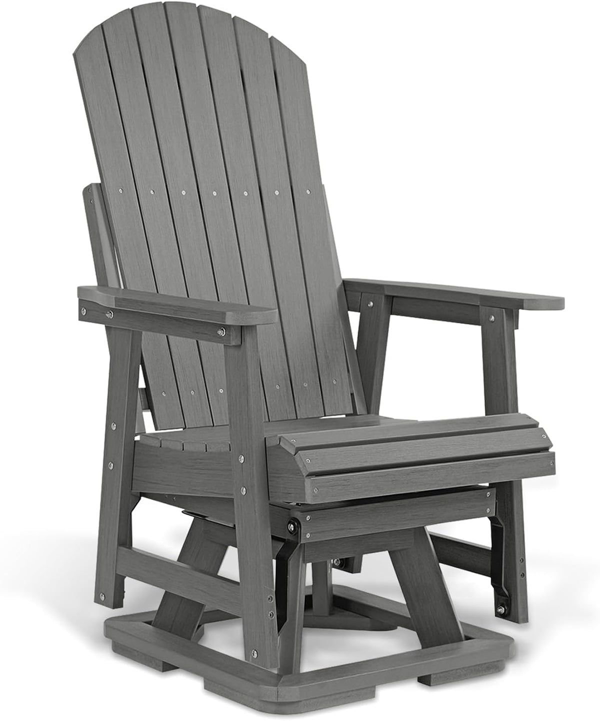 Gray patio glider chair angled front-left view showing slatted arched high back, armrests and base