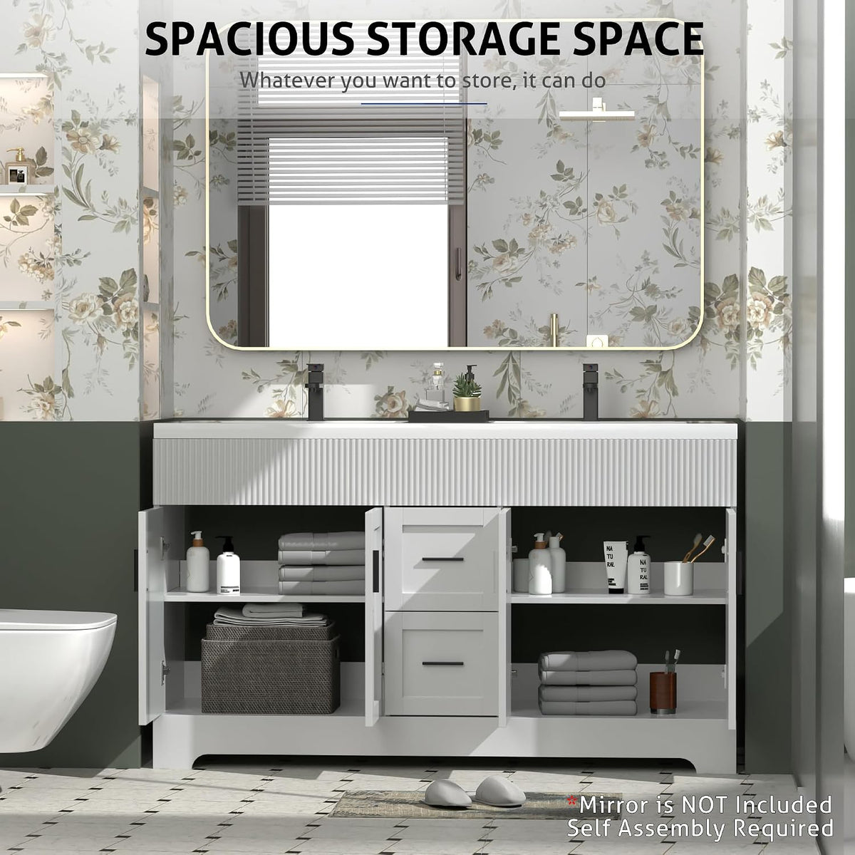 Open cabinet detail showing two doors and interior shelf with soft-closing hinges on a white bathroom vanity