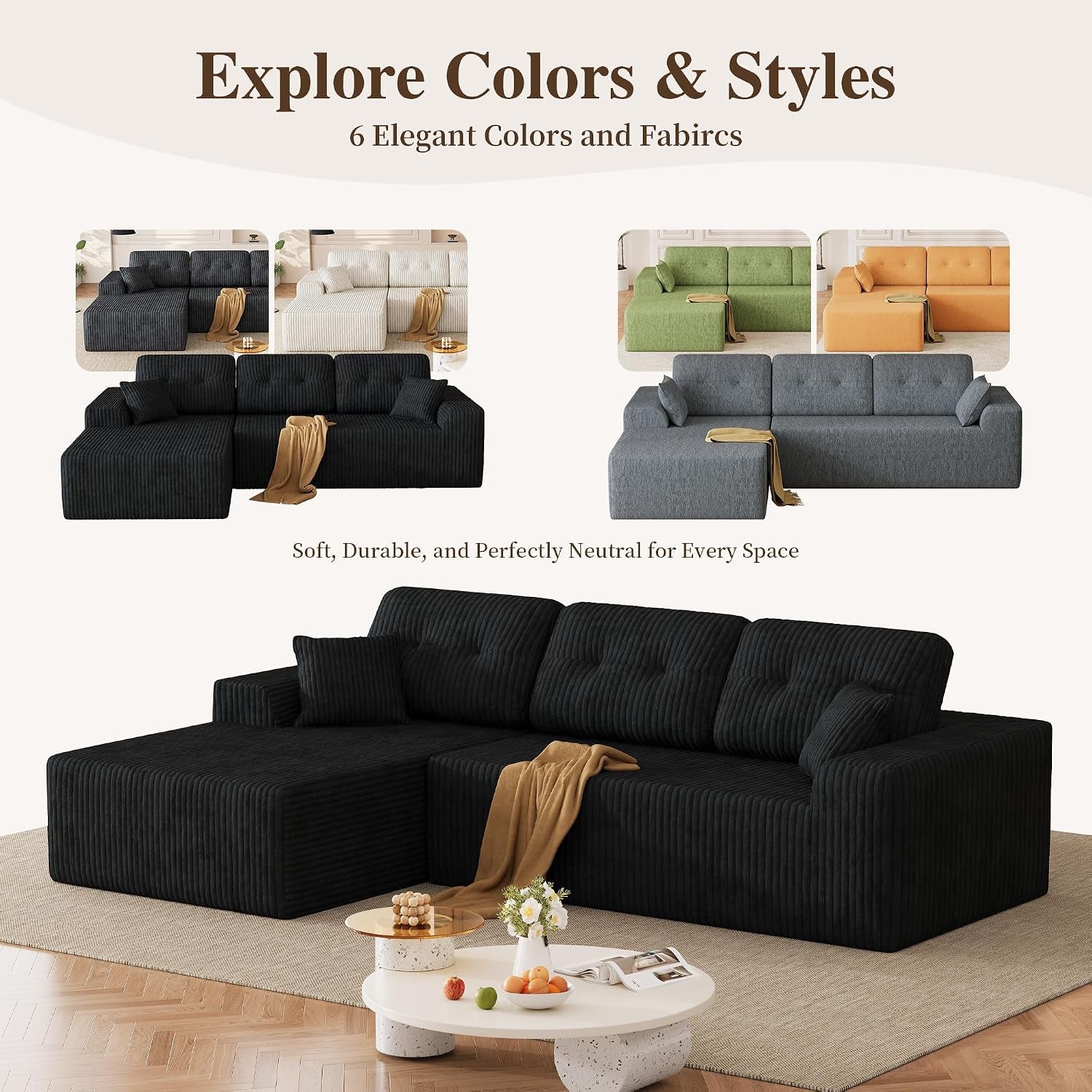 106" Boneless Sectional Sofa, Corduroy Modular L Shaped Couch with Deep Seat Chaise, Cloud Style Oversized Sectional Couch for Living Room, No Assembly, Left Facing, Black