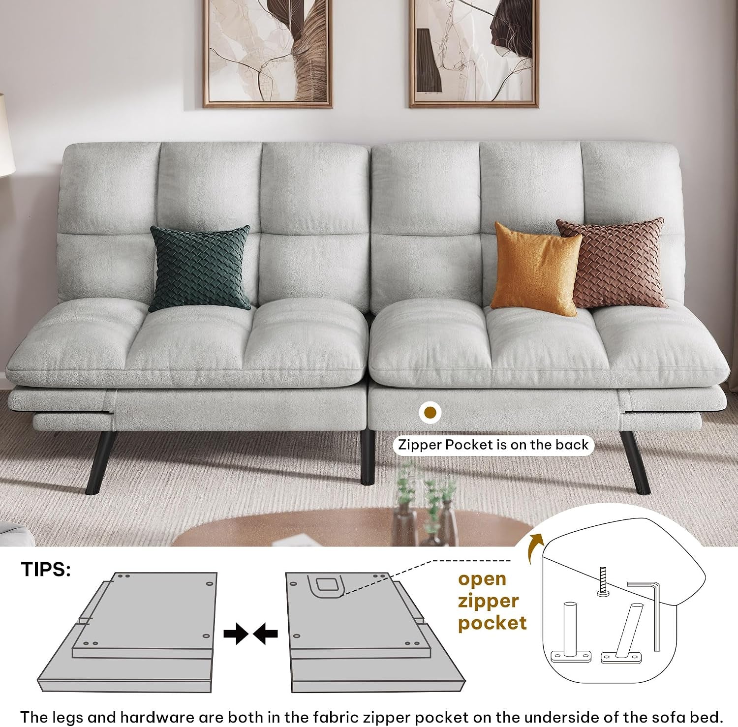 Rear view showing zipper pocket on the underside and stacked folded panels of the futon