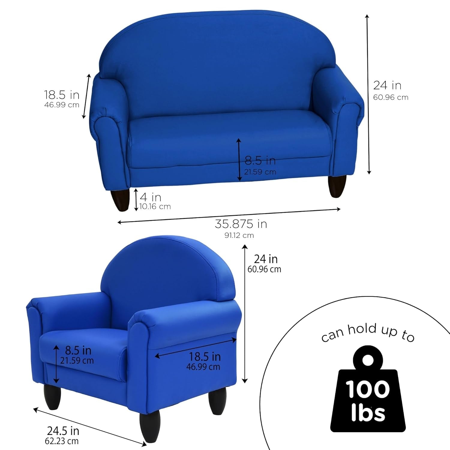 Front and side views of the blue kids sofa and chair with measurement arrows and a weight icon.