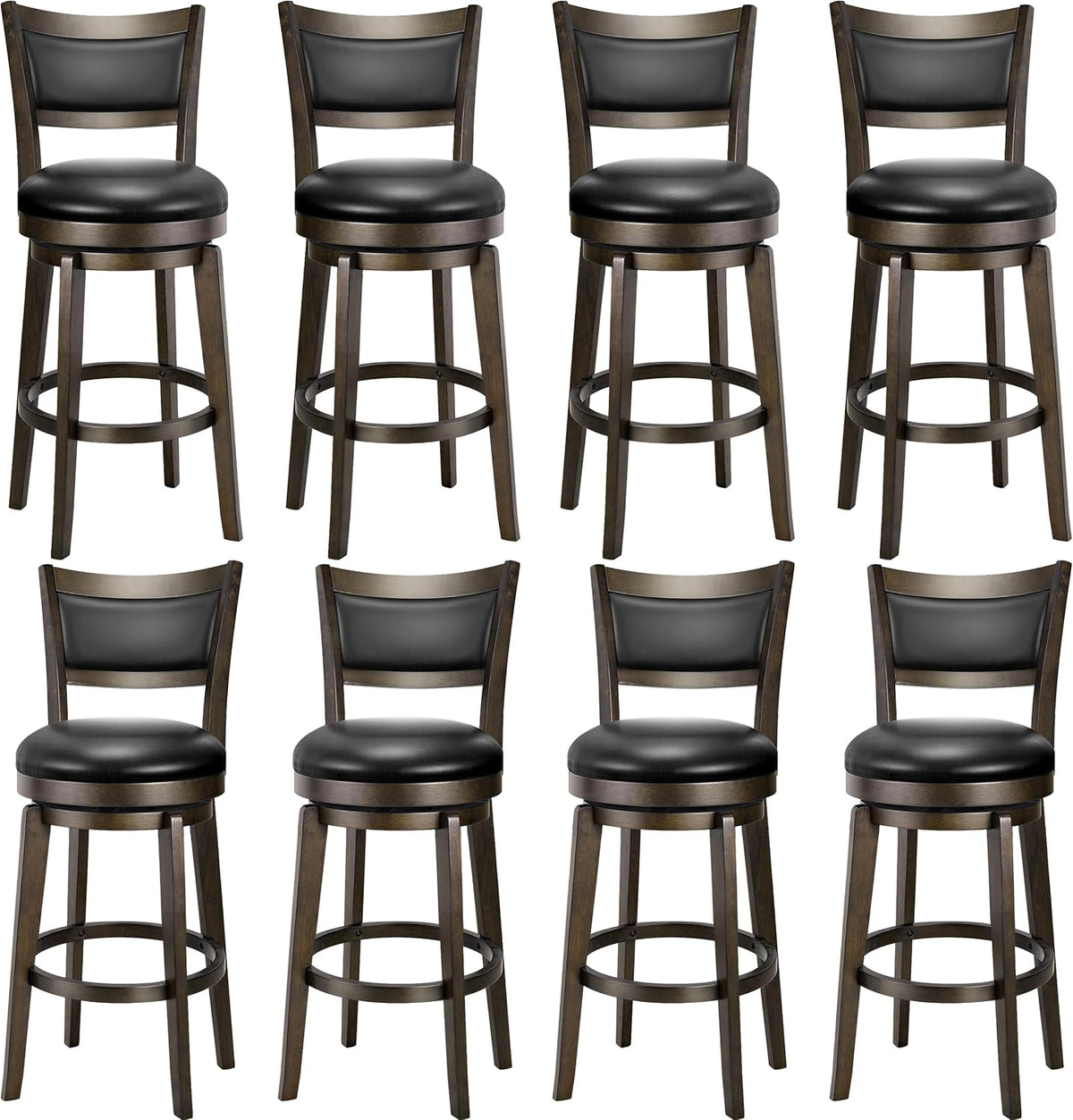 Twelve views of the swivel bar stool repeated in a tiled layout showing front and angled profiles.