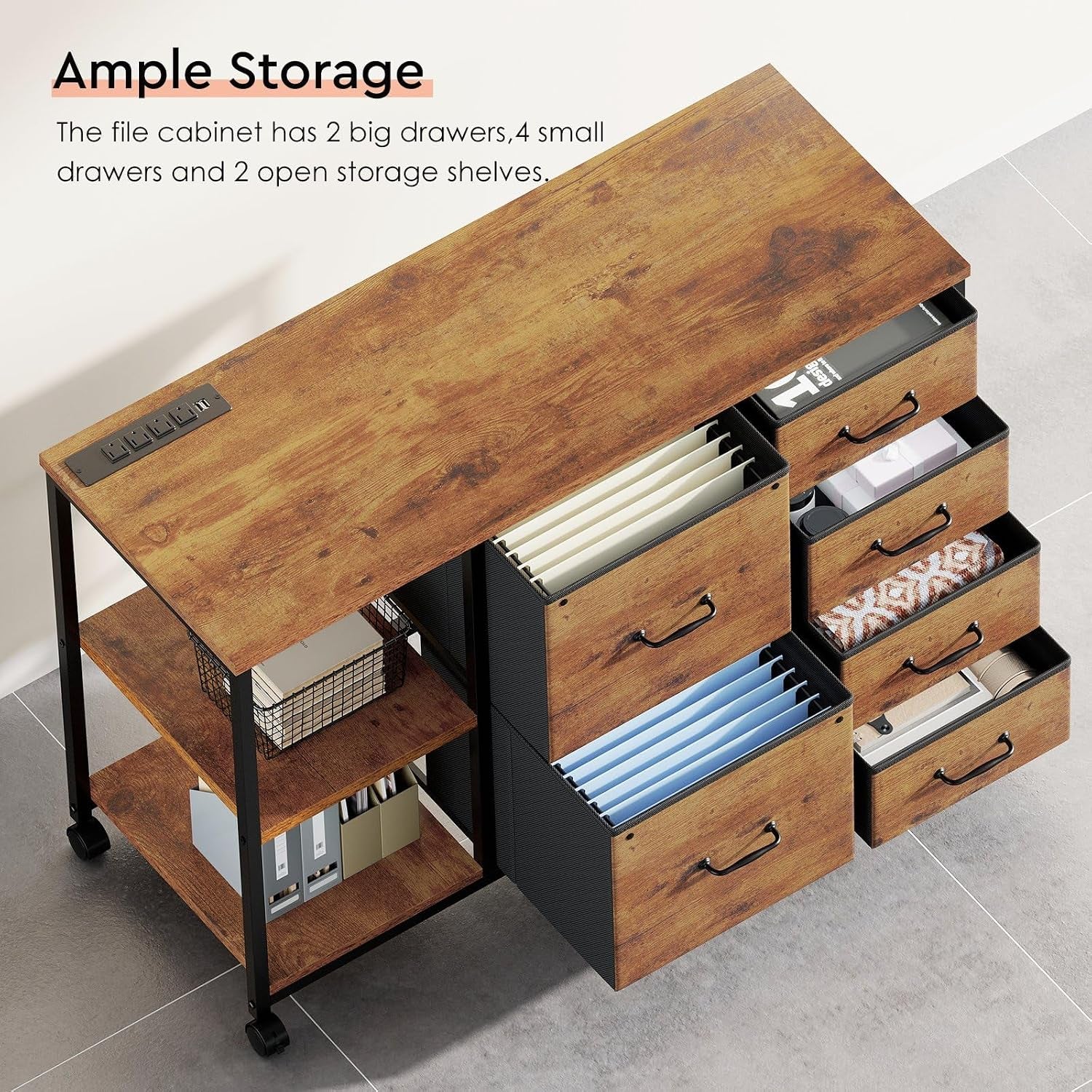 Angled top view of a wood-finish filing cabinet with open drawers, side shelves and visible hanging file folders