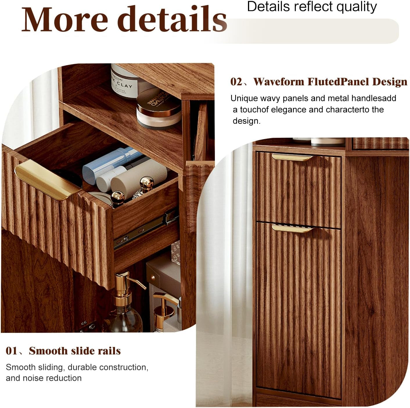 Detail view of waveform fluted drawer fronts and gold-tone metal handles on the walnut finish