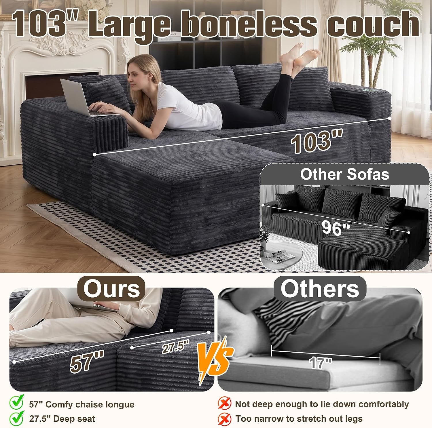 103" Boneless Couches for Living Room with 2 Cup Holders,L Shaped Modular Sectional Sofa Set,No Assembly Needed Plush Corduroy Living Room Set,Dark Gray