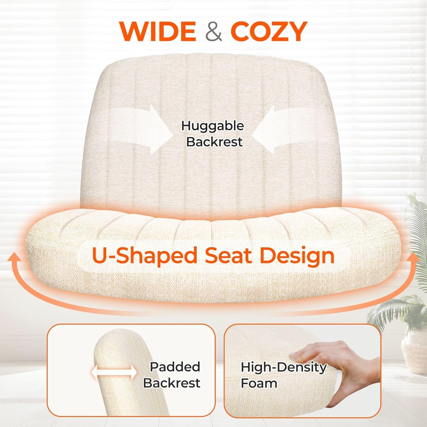 Close front view highlighting the U-shaped padded seat and vertical channel tufting of a cream armless swivel chair