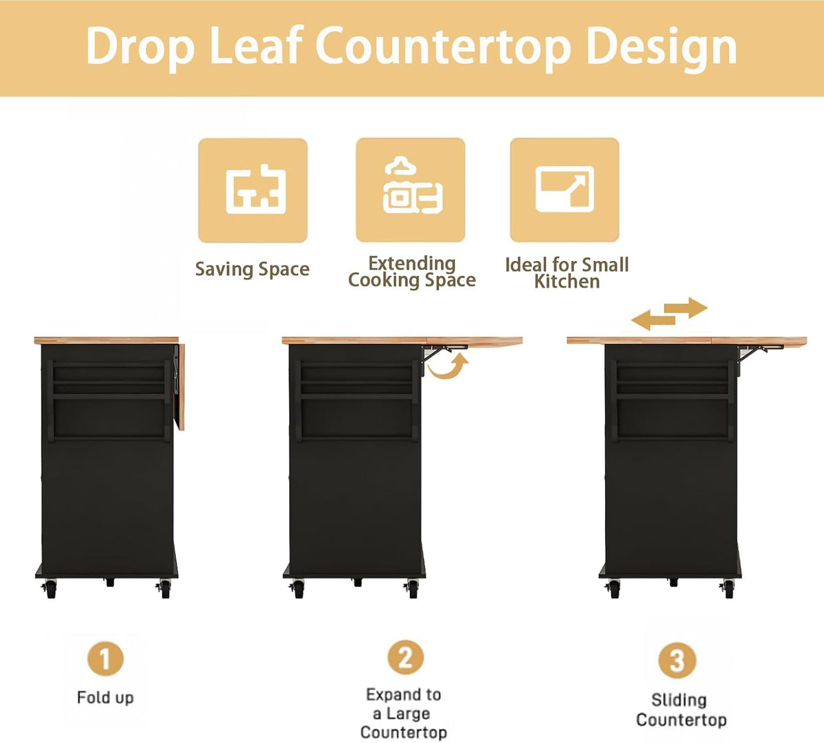 Three side-profile views showing the drop-leaf countertop folding up, expanding out, and sliding on the black kitchen island