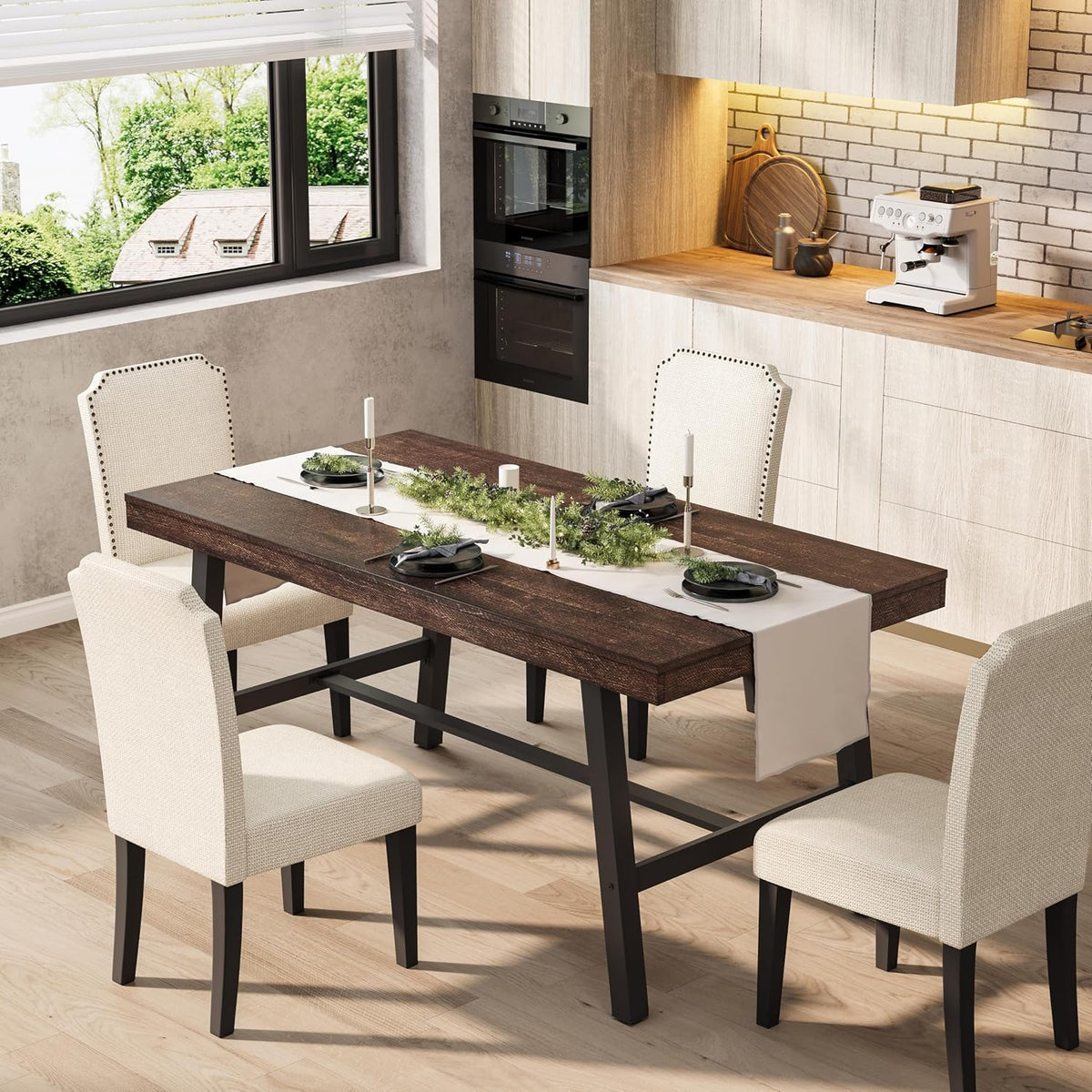 Dark brown wood tabletop with black trestle base and cream upholstered chairs in kitchen scene