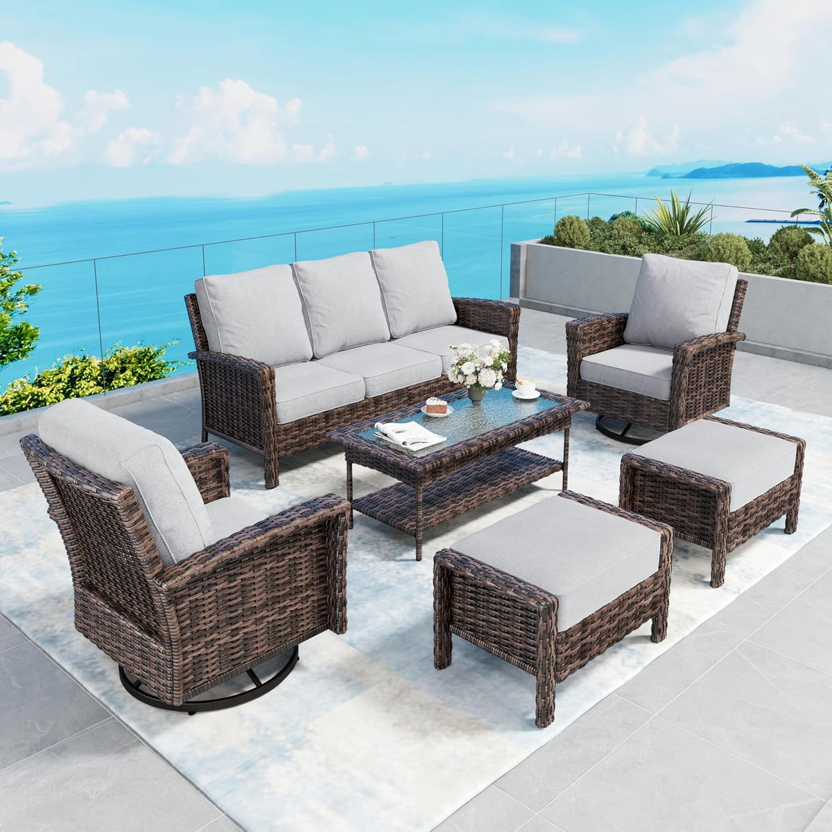 SUNSHINE VALLEY 5pcs Patio Furniture Set, Outdoor High Back Sofa, Beige | Swivel Wicker Chairs w/5.5" Thick, gallery view 32