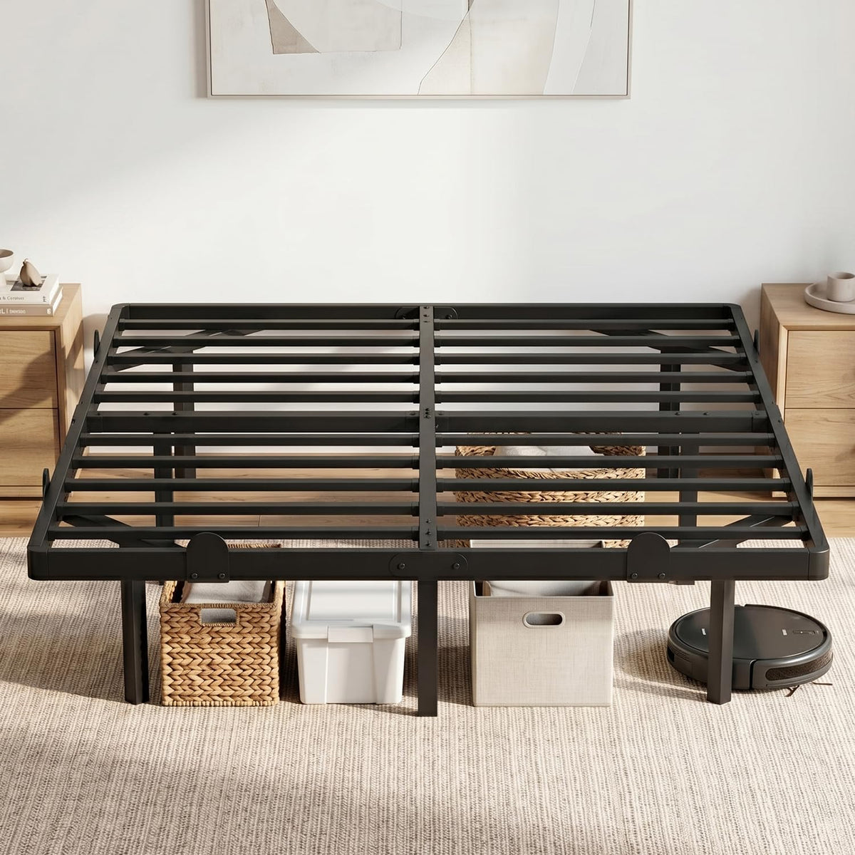 Frontal view of a black metal slatted platform frame with storage baskets and bins underneath.