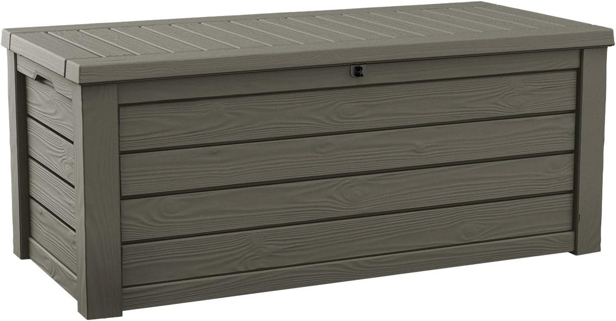 Brown wood‑grain resin outdoor storage chest shown from a front three-quarter angle on white background.