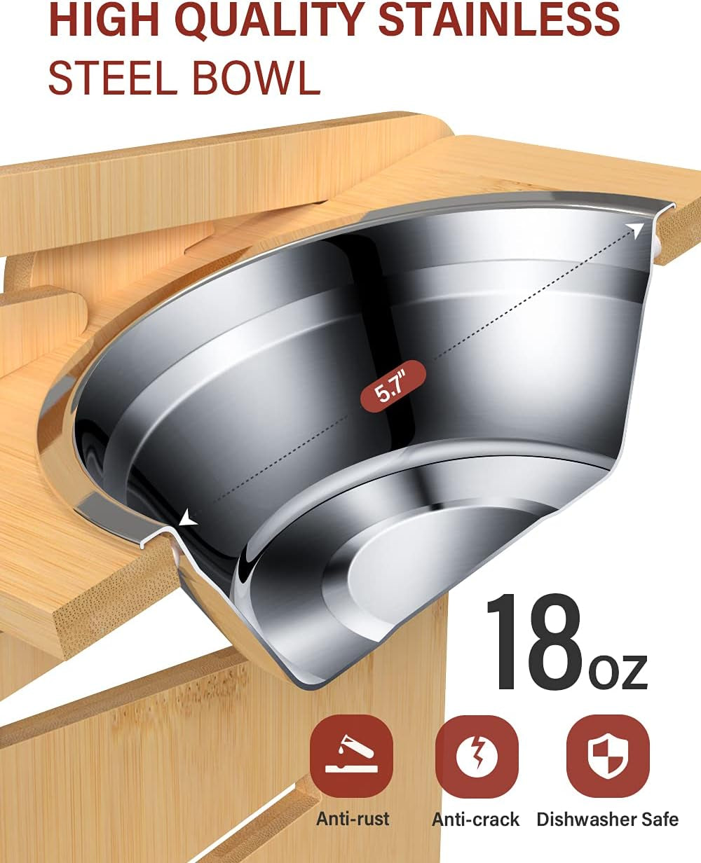 Close-up cutaway of a stainless bowl seated in a bamboo holder showing bowl depth