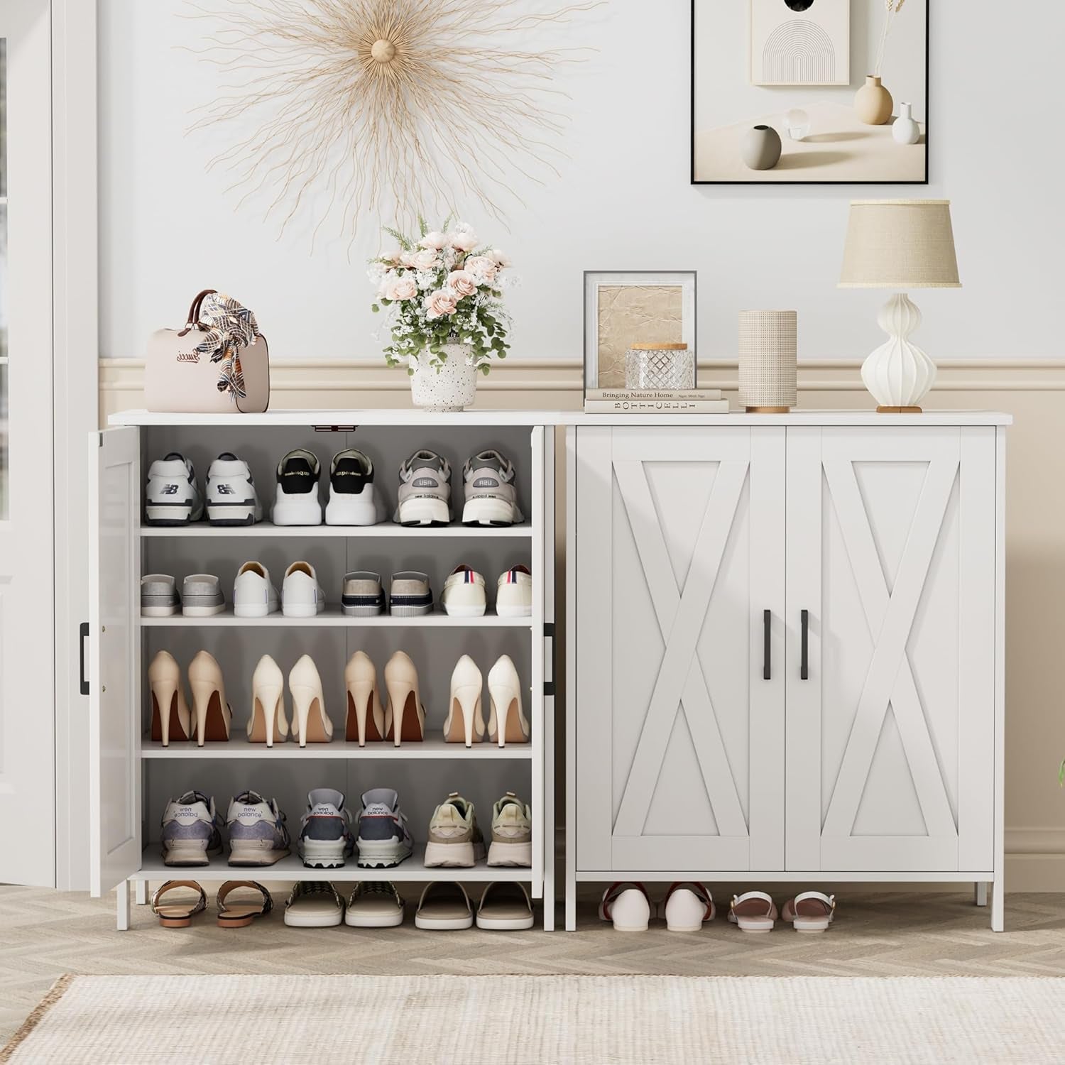 Paired white shoe cabinets side-by-side with doors open showing multiple rows of shoes on adjustable shelves