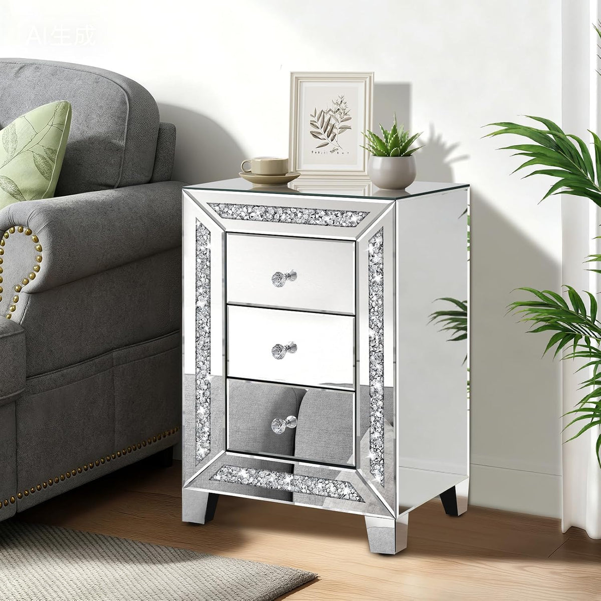 Mirrored nightstand with crushed-diamond trim beside a gray upholstered sofa, three-quarter front view