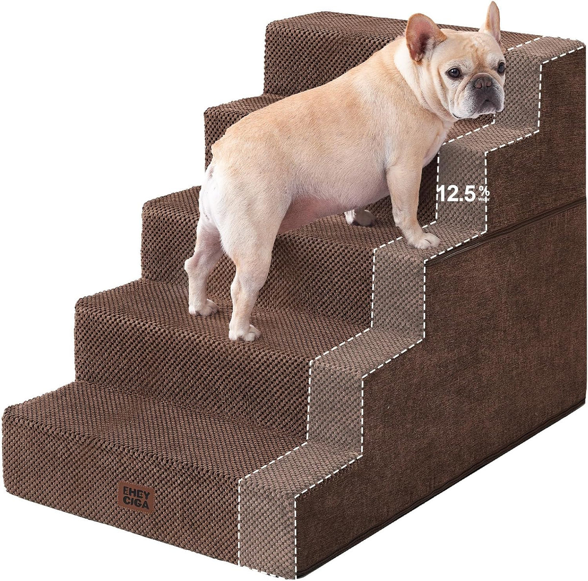 Brown four-step pet stairs with a small dog on the second step and a white dashed outline showing the step cutaway