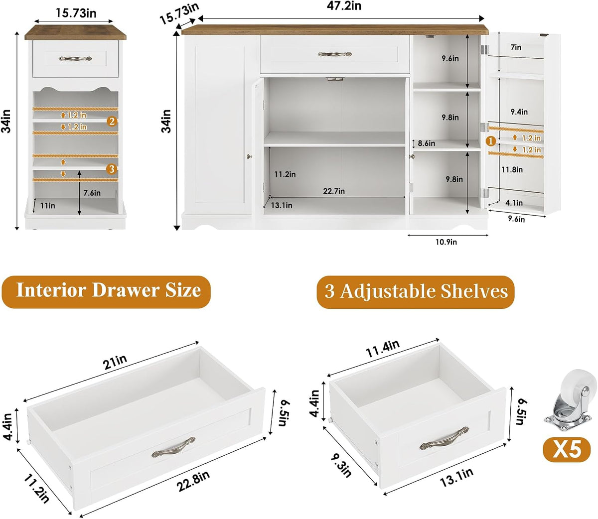 Technical diagram showing labeled dimensions and interior drawer measurements for the 47.24-inch wide island