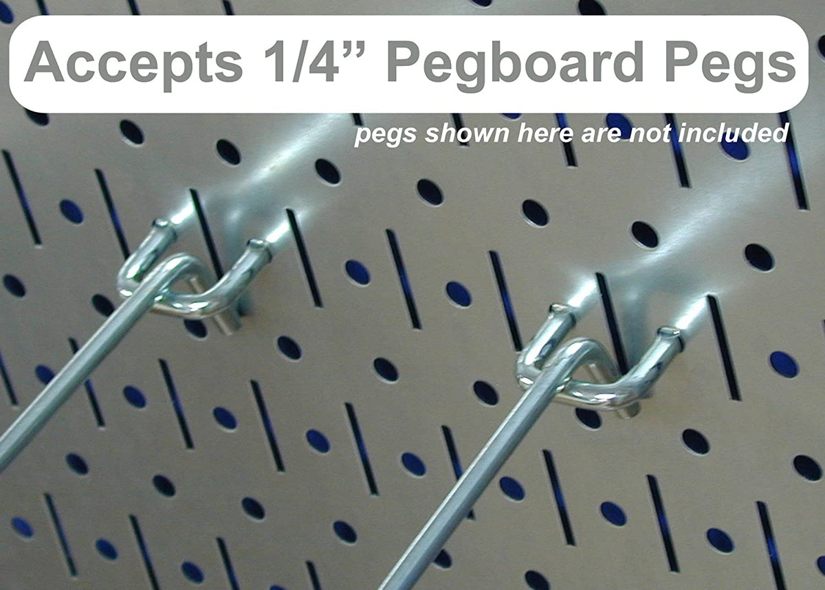 Close-up of two chrome pegboard hooks inserted into perforated metal pegboard holes.