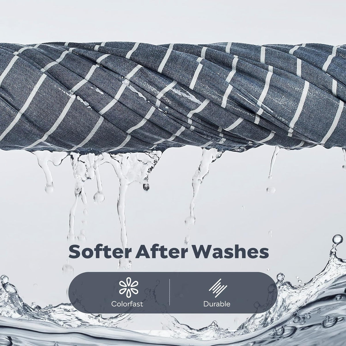 Striped duvet fabric with water pouring through, shown to emphasize softness after washes
