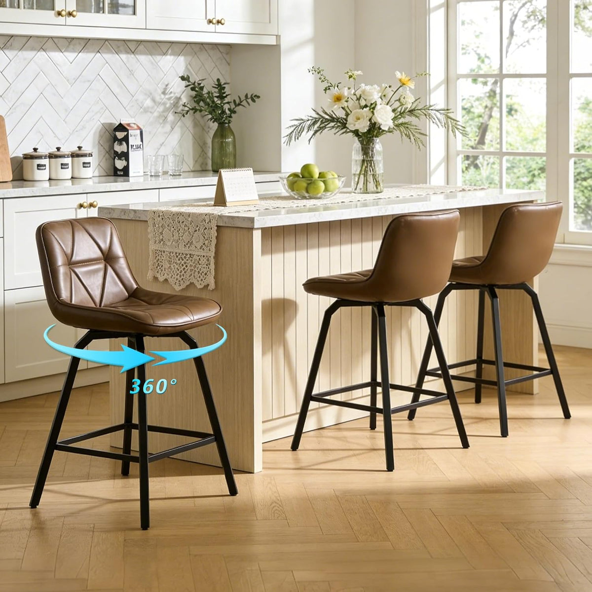 Brown faux-leather stool at an island with a blue 360° arrow graphic indicating swivel.
