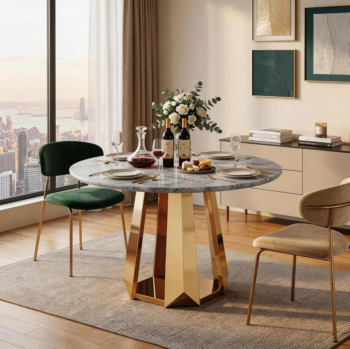 47-inch round faux-marble table with a gold faceted geometric pedestal base, set with plates and wine.