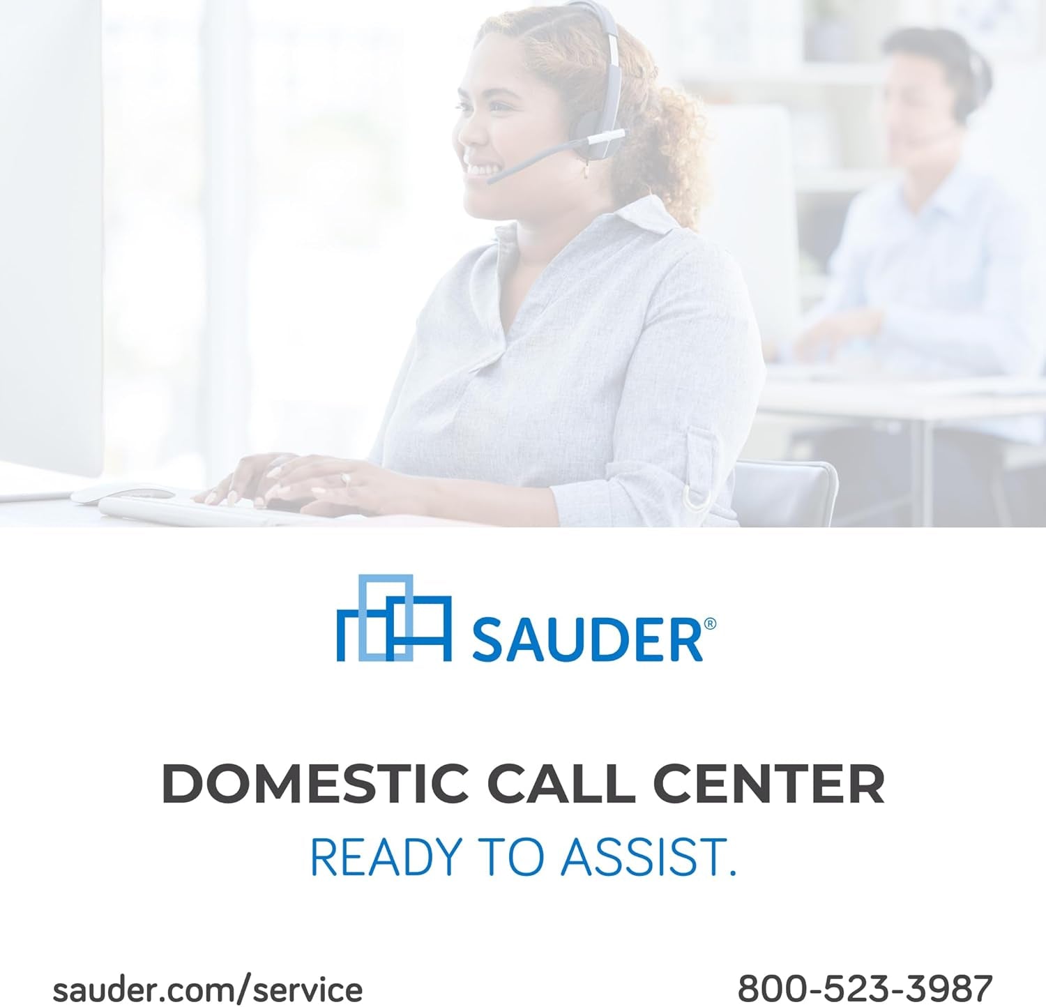 Faded office call-center scene above a company logo and service message panel.