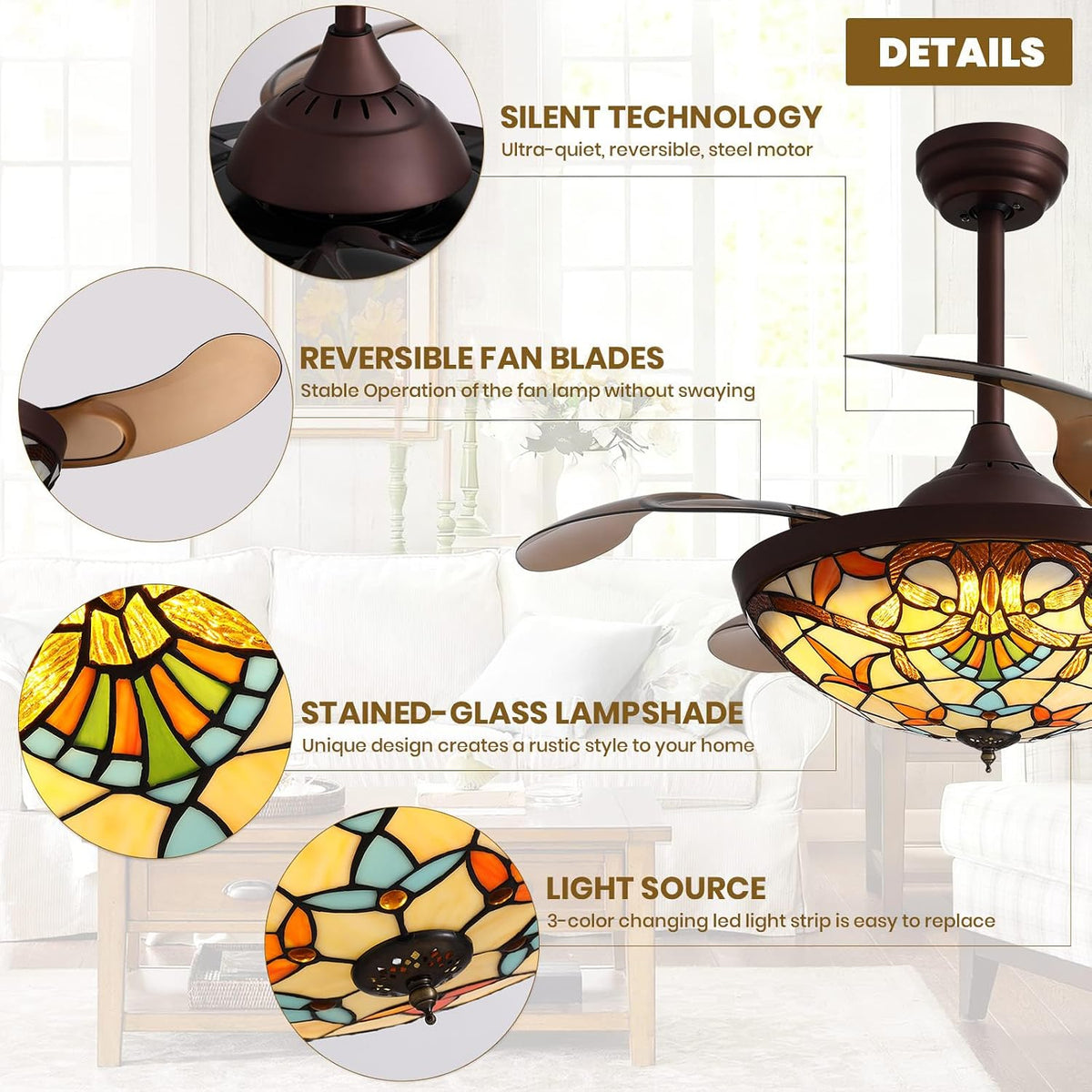 Collage of feature images showing stained-glass lampshade details, reversible blades and remote/app control icons