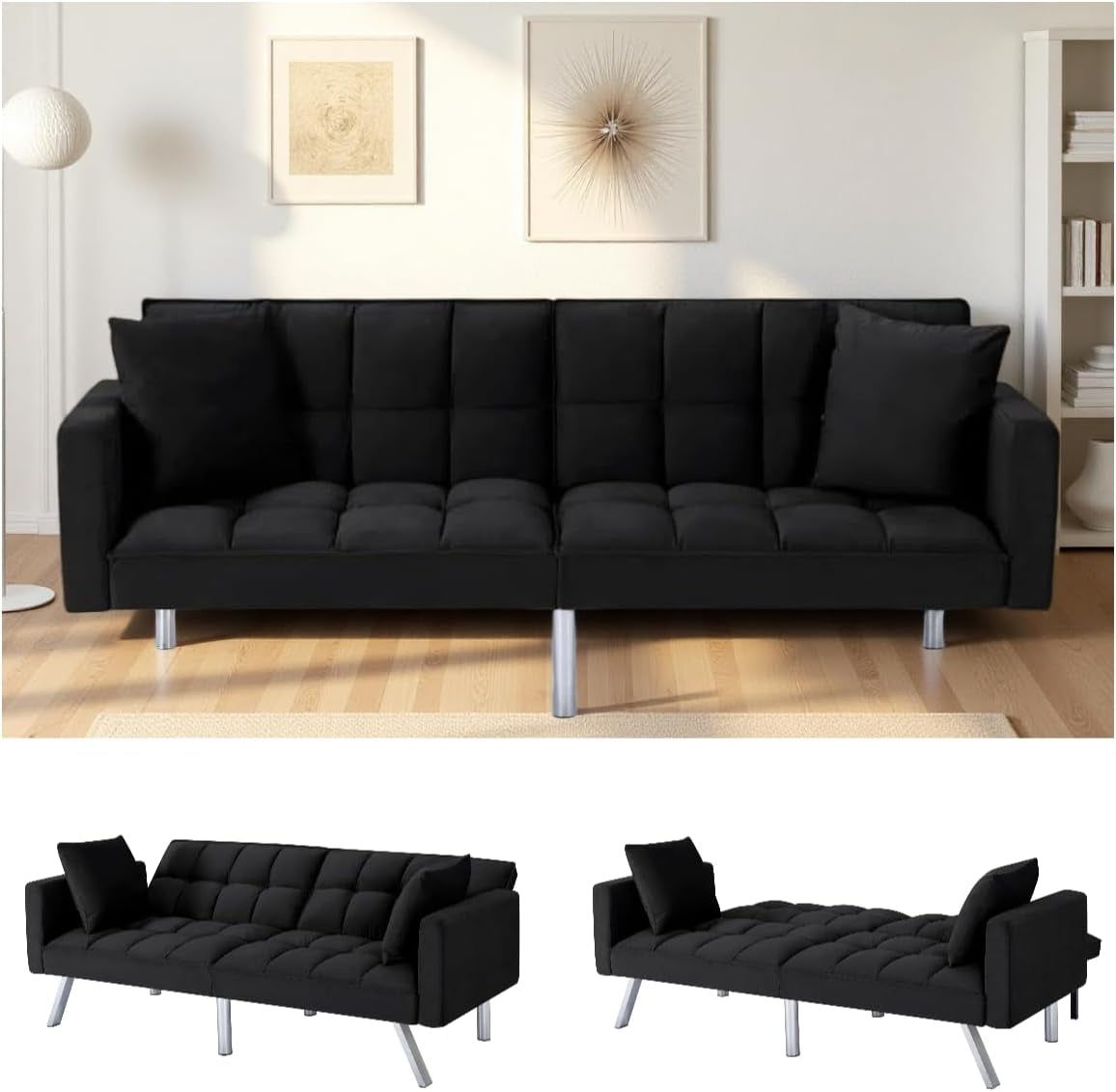 Front-facing black futon sofa with two black throw pillows and two small illustrations showing sofa and flat bed