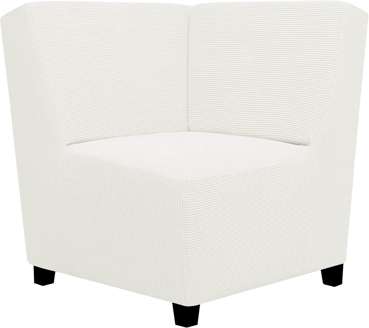Angled three-quarter view of a corner chair covered in a fitted ribbed white slipcover on black legs.