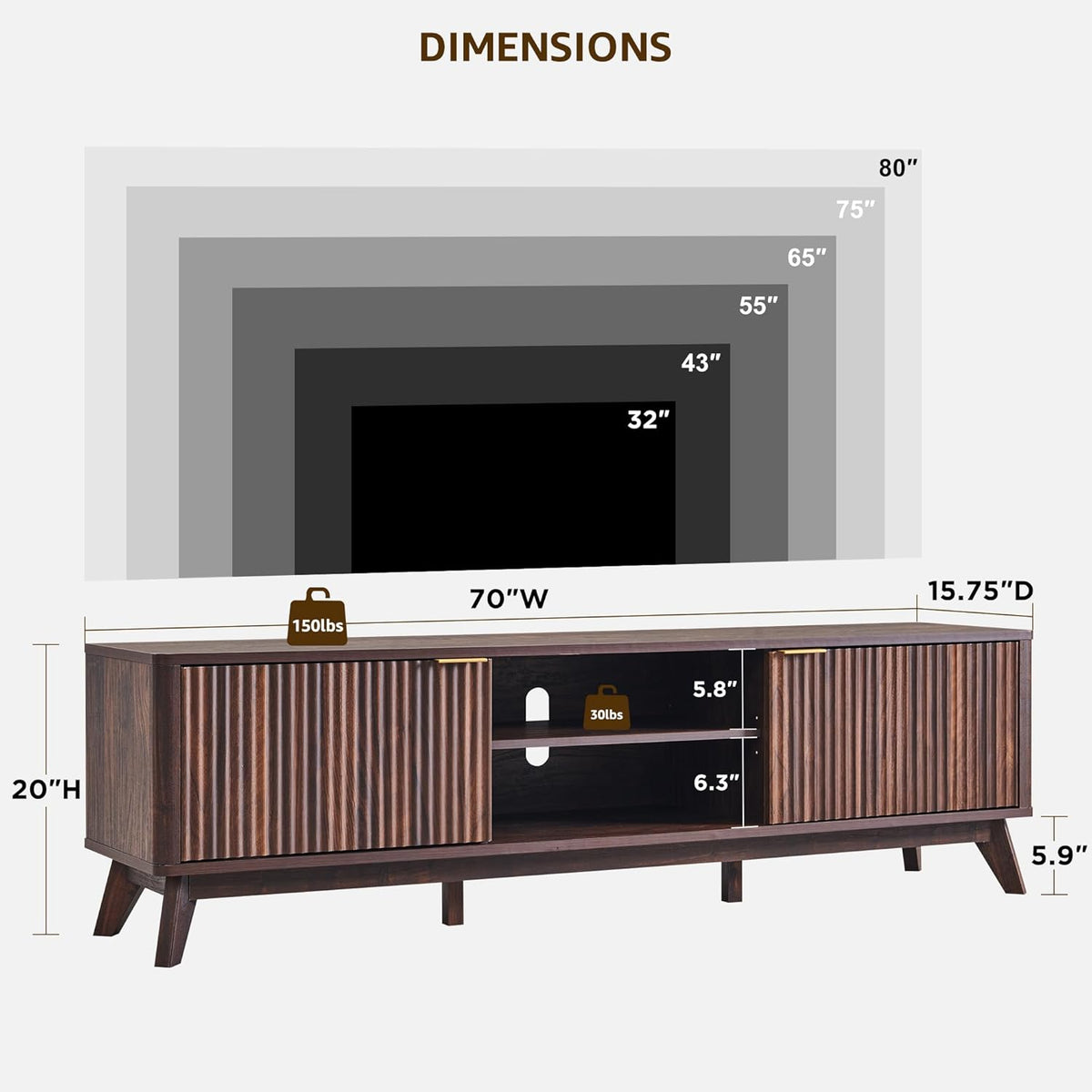 Graphic showing 70in width and TV size compatibility with callouts for the console's proportions