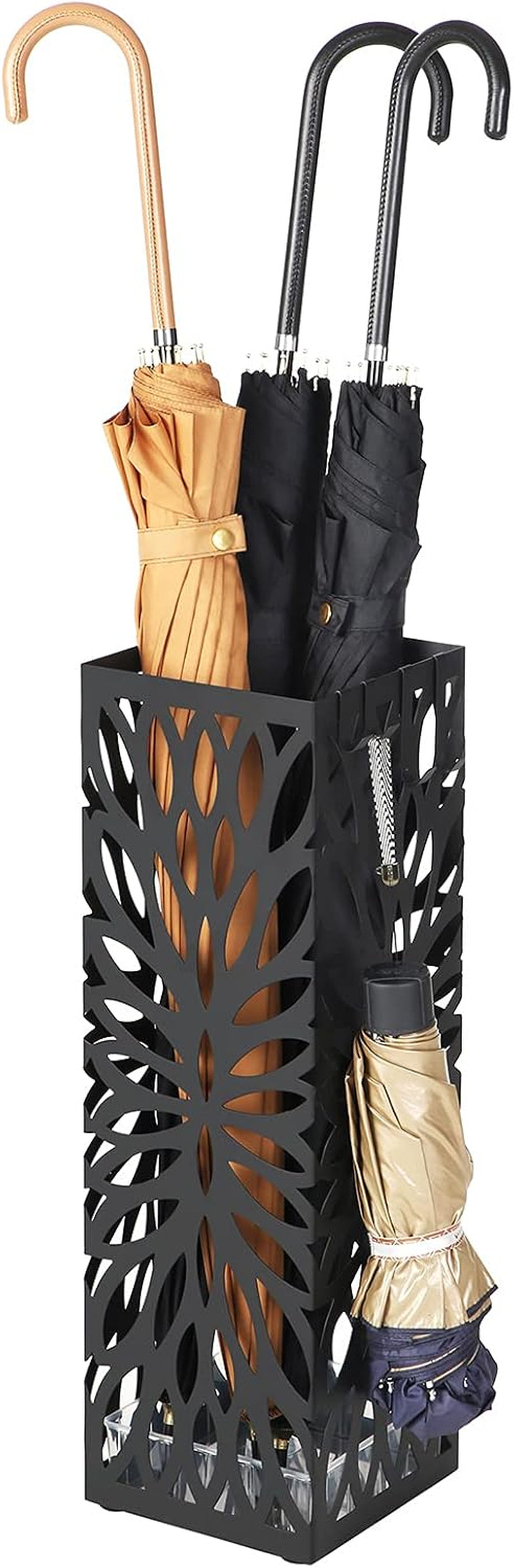 Square black metal umbrella holder with leaf-cut pattern holding three folded umbrellas and showing a detachable clear drip