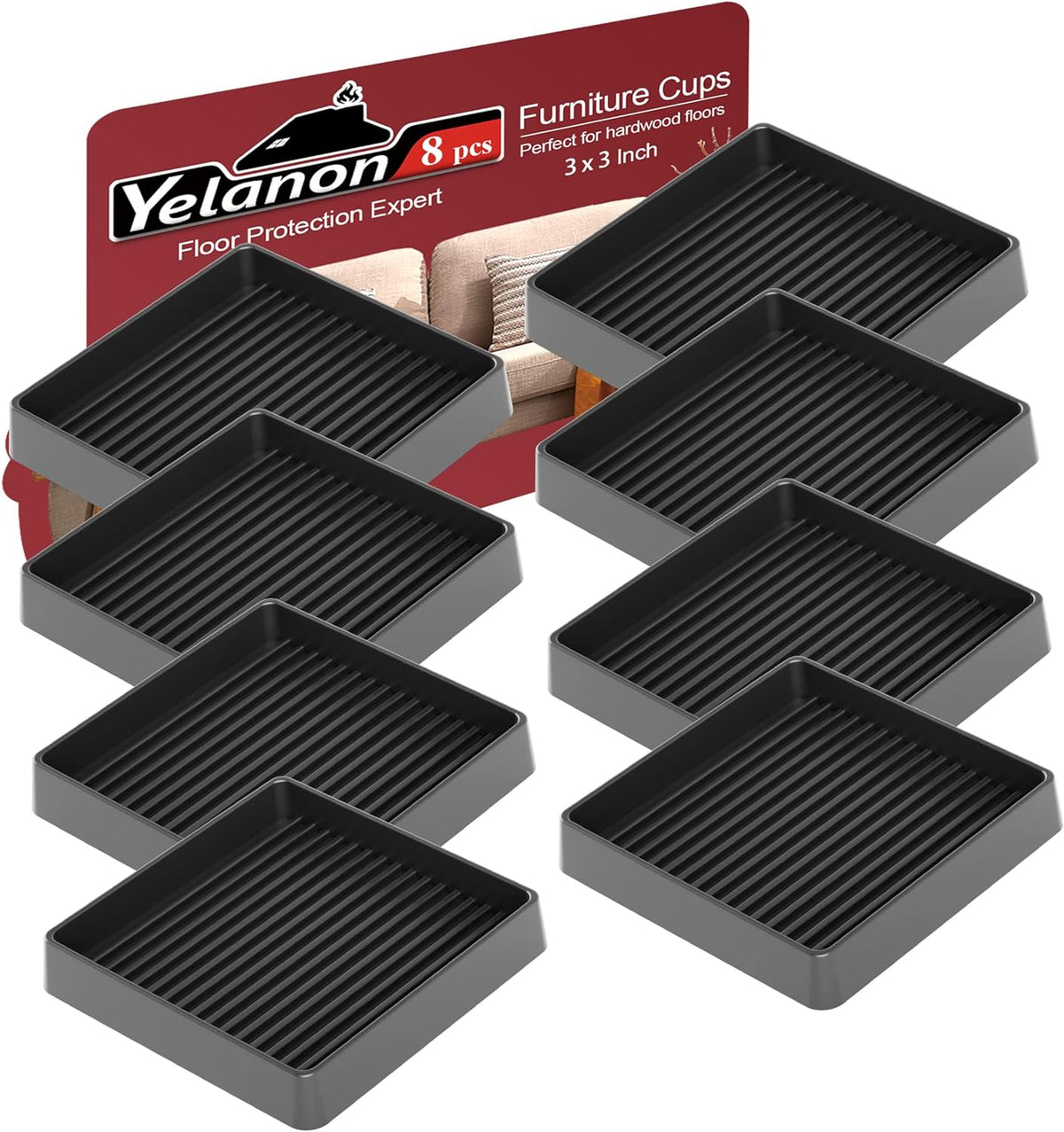 Eight black square ribbed furniture pads arranged in staggered rows in front of red backing