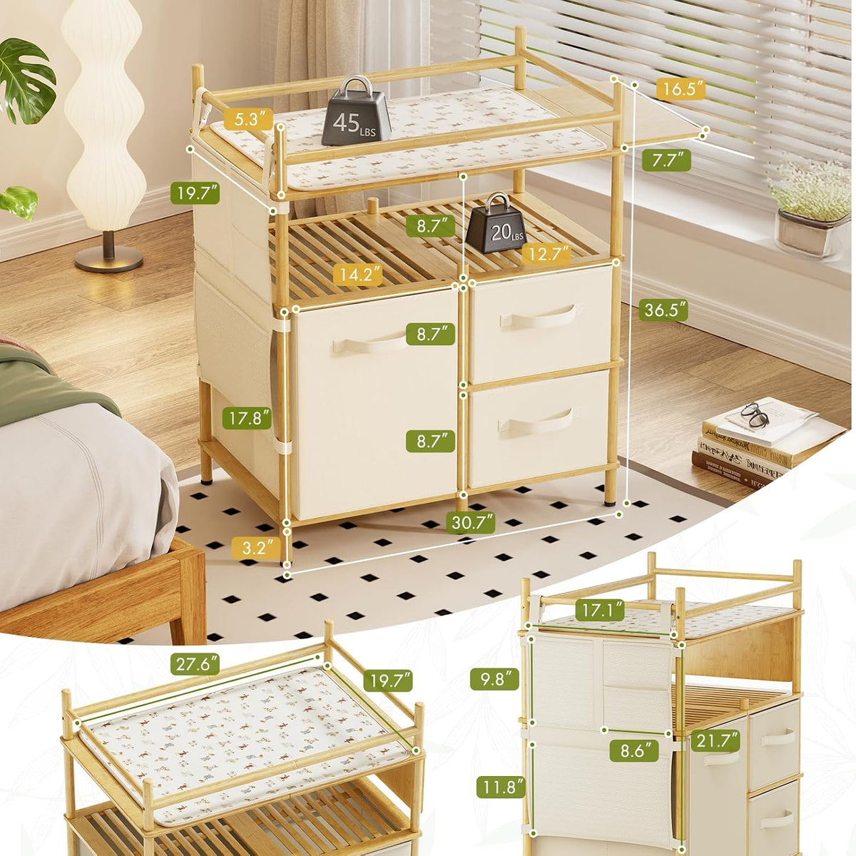 Three-quarter room view of the changing table with measurement callouts and weight indicators overlaid on the product.