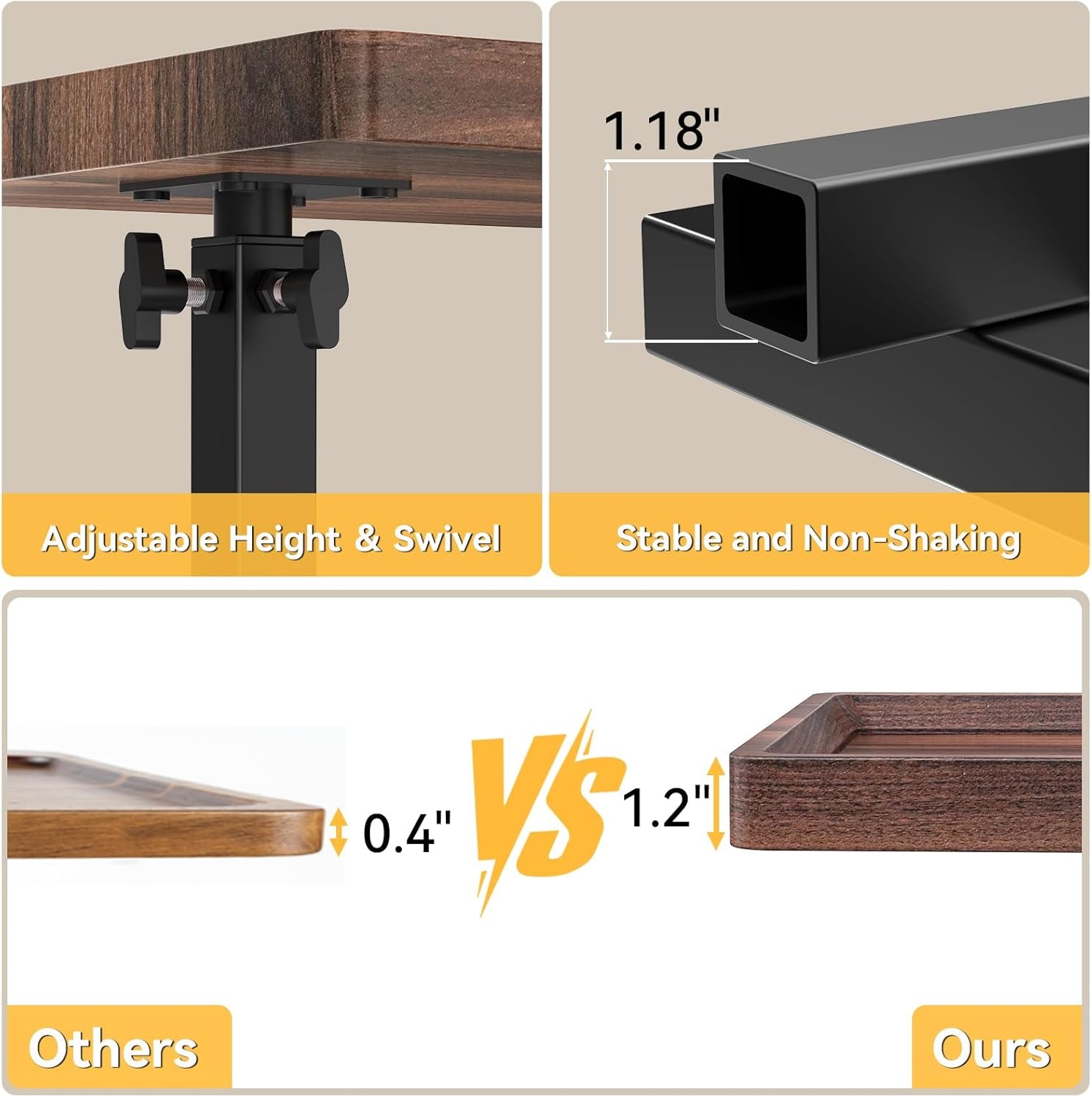 Two close-up panels showing the height-adjust knob and square metal post with a wood-look tray edge.