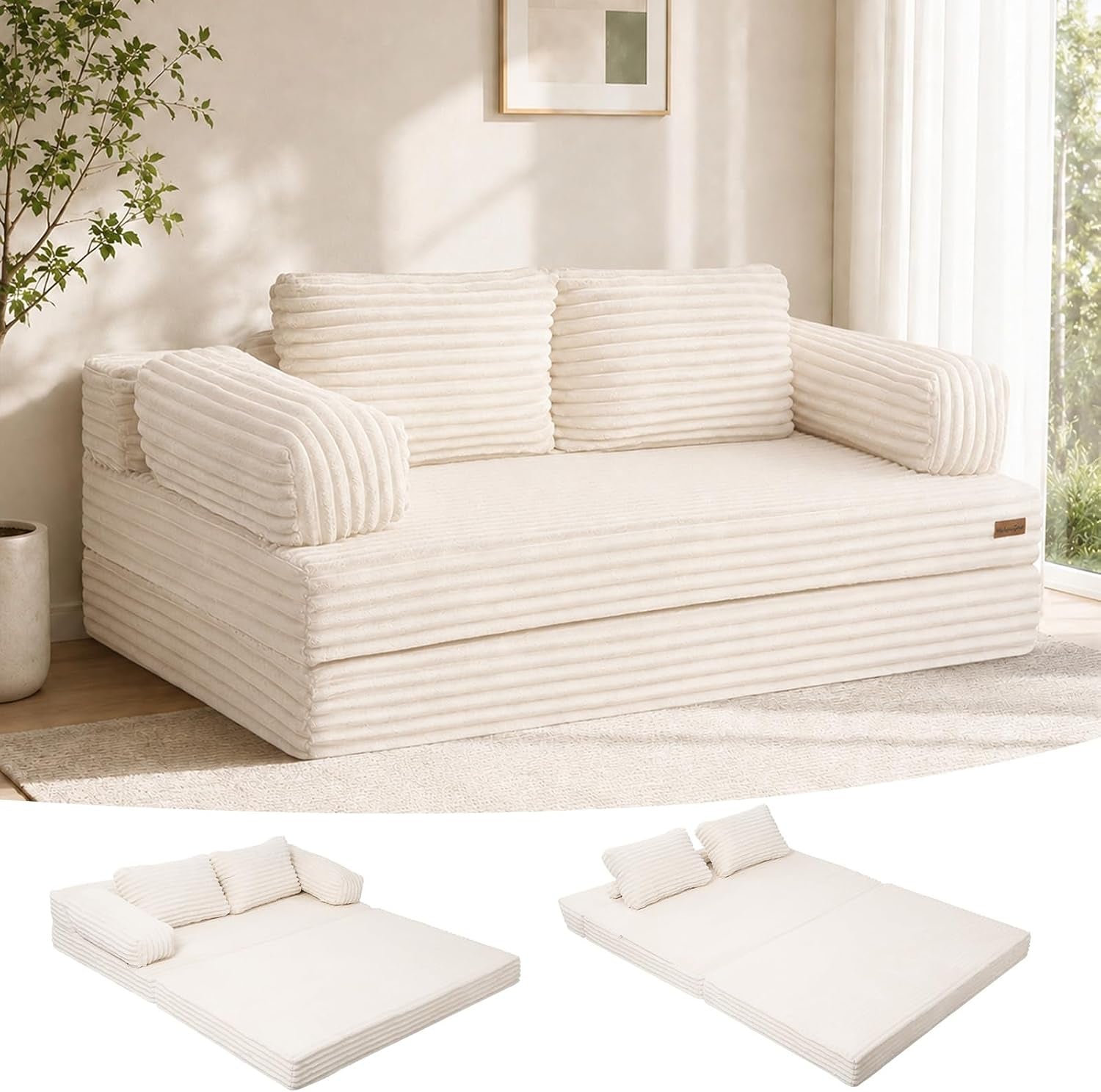 Cream corduroy loveseat sofa bed set against a neutral room with two square back cushions.
