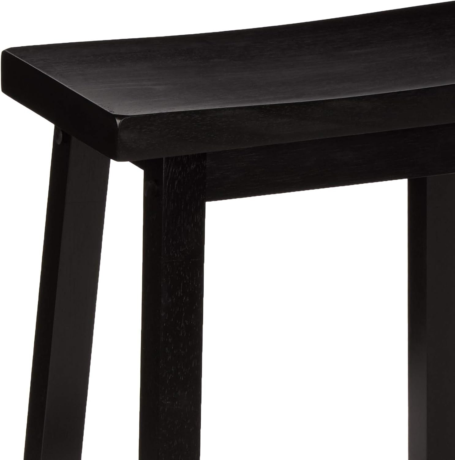 Close-up detail of a black stool corner and square leg showing wood grain and finish