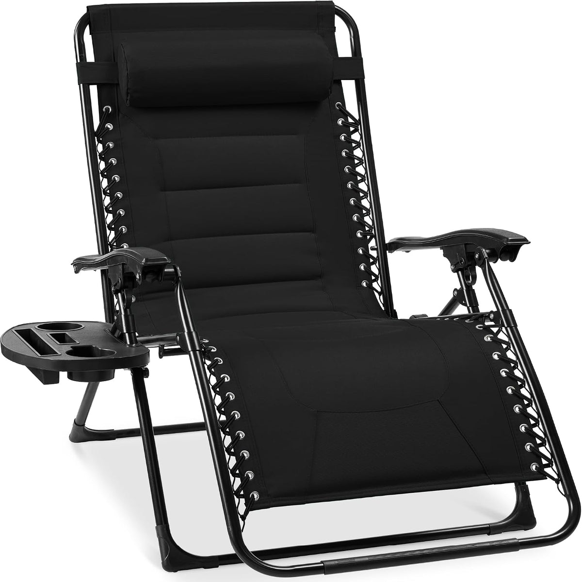 Angled close crop of a black padded zero-gravity recliner showing head pillow, laced sides and side tray