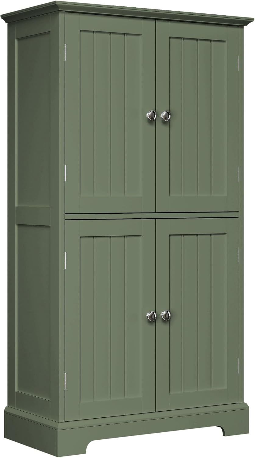 Olive green tall cabinet shown angled, closed double doors top and bottom with silver knobs