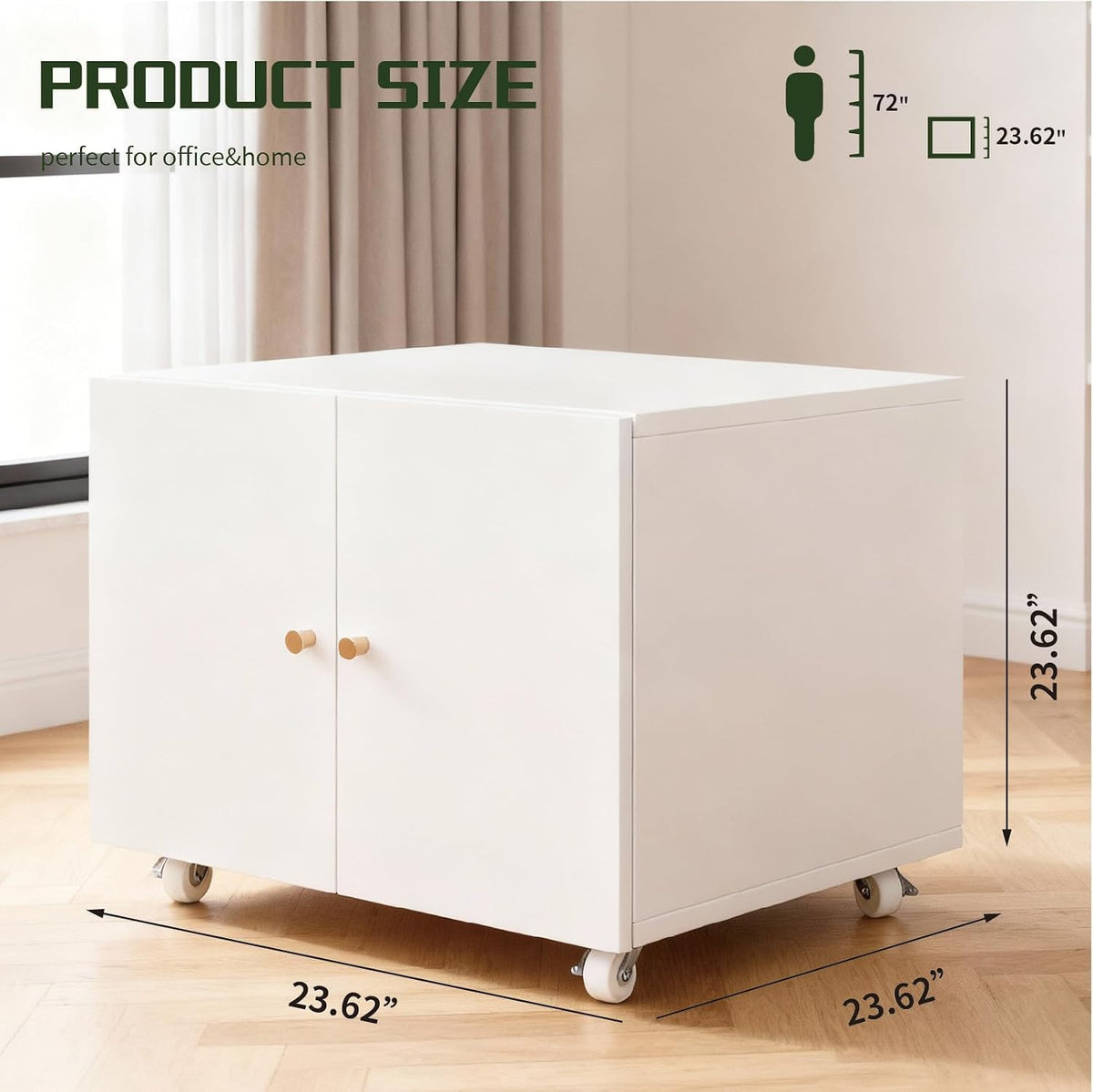 White rolling cabinet on hardwood floor with measurement overlay showing 23.62 inches, front view with visible casters