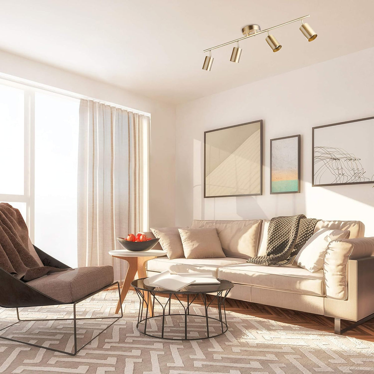 Matte brass track light installed on a bright living room ceiling above a sofa, front-facing view