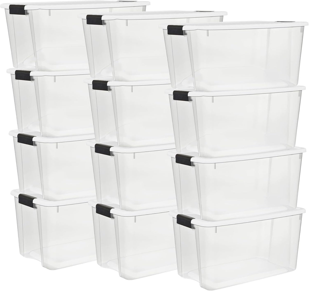Close-up view of three vertical stacks of translucent tubs with white tops and black side latches.