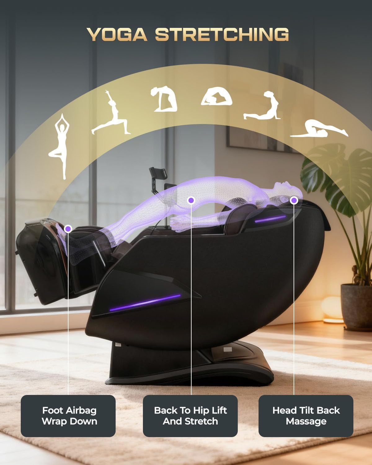 Brown massage chair in a living room setting shown performing a yoga-stretching recline with annotated stretch zones.