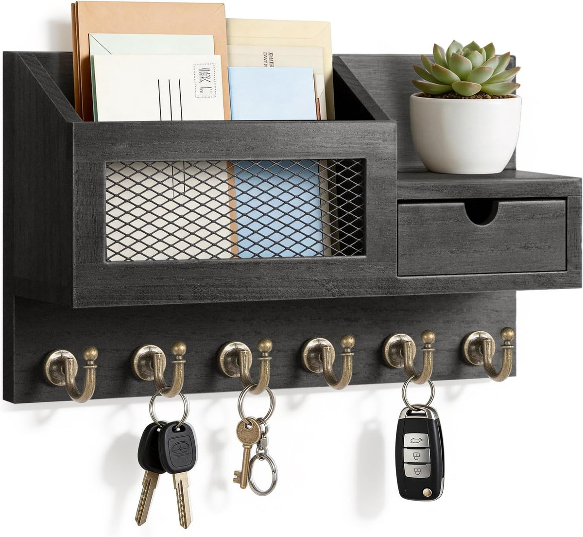 Black organizer variant with diamond metal mesh front on the mail slot, small drawer and keys on hooks below.